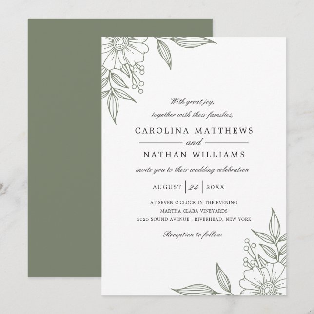 Invitation Sage Mariage simple et élégant des coins floraux (Devant / Derrière)