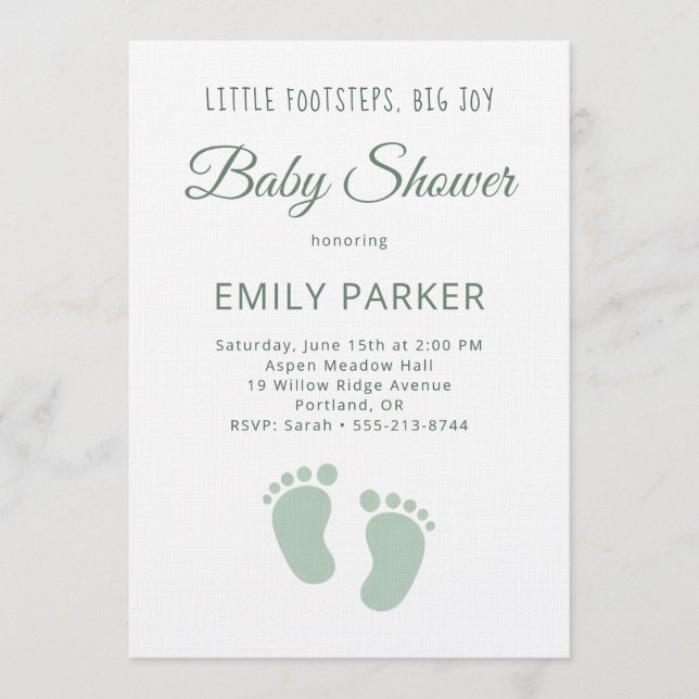 Invitation Sage Minimal Little Footsteps Baby Shower (Devant)