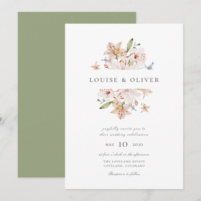 Invitation Sage Moderne Aquarelle Floral Lys Mariage (Devant / Derrière)