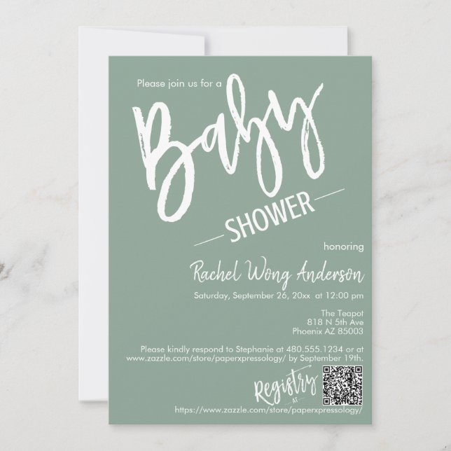 Invitation Sage moderne Baby shower de script vert QR Code ph (Devant)