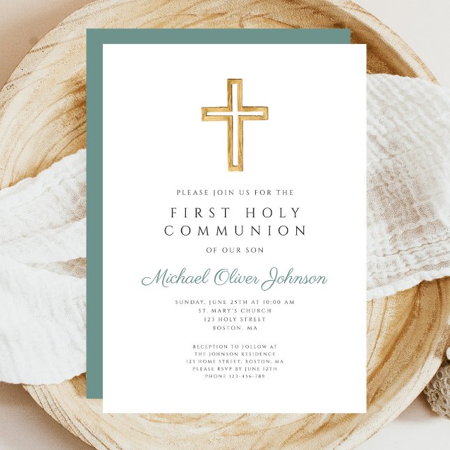 Invitation Sage moderne Croix verte Première communion religi (Modern Green Cross Religious First Communion Invitation)