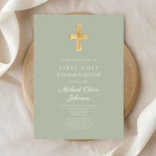 Invitation Sage moderne Croix verte Première communion religi