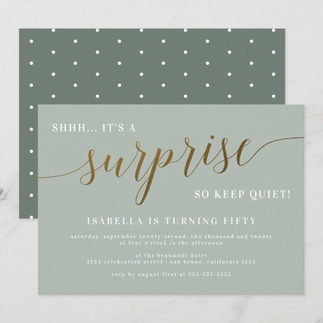 Invitation Sage moderne & Gold Script Surprise fête d'anniver (Devant / Derrière)