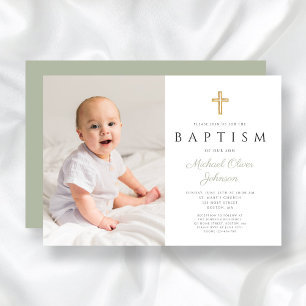 Invitation Sage moderne Vert Religieux Garçon Photo Baptême