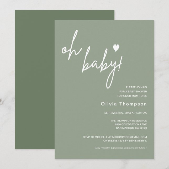 Invitation Sage Neutre Sexe Vert Coutume Oh Baby shower (Devant / Derrière)