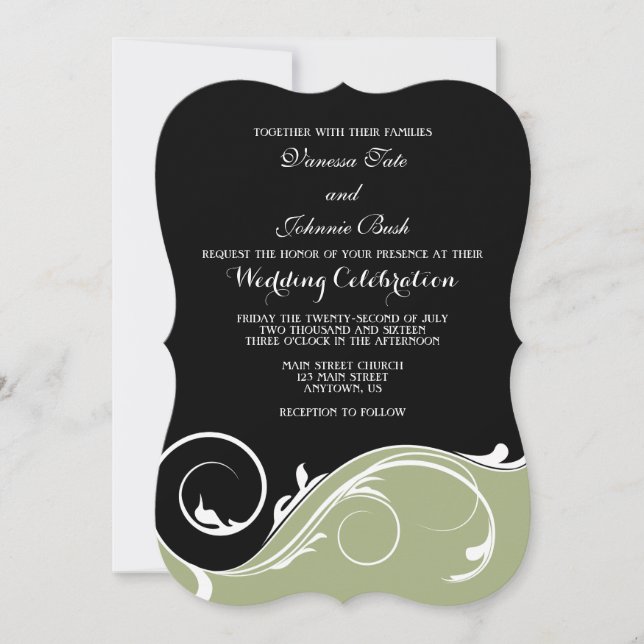 Invitation Sage Olive Black Swirl Bracket Wedet Invite (Devant)