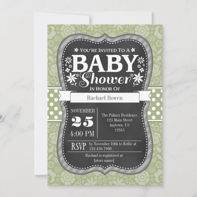 Invitation Sage Olive Green Chalkboard Baby shower Floral (Devant)