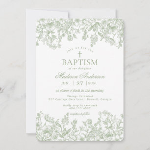Invitation Sage Pastel Chinoiserie Vintage Floral Baptême