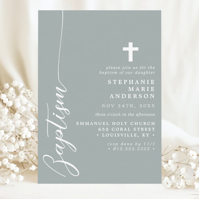 Invitation Sage Poussiéreux Baptême Simple Moderne Script (Créateur téléchargé)
