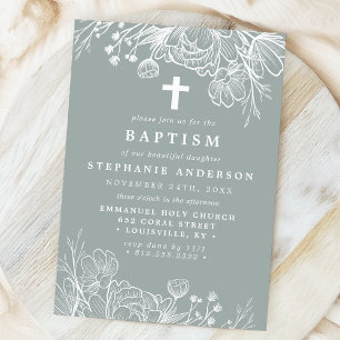 Invitation Sage Poussiéreux et Floral Blanc Baptême
