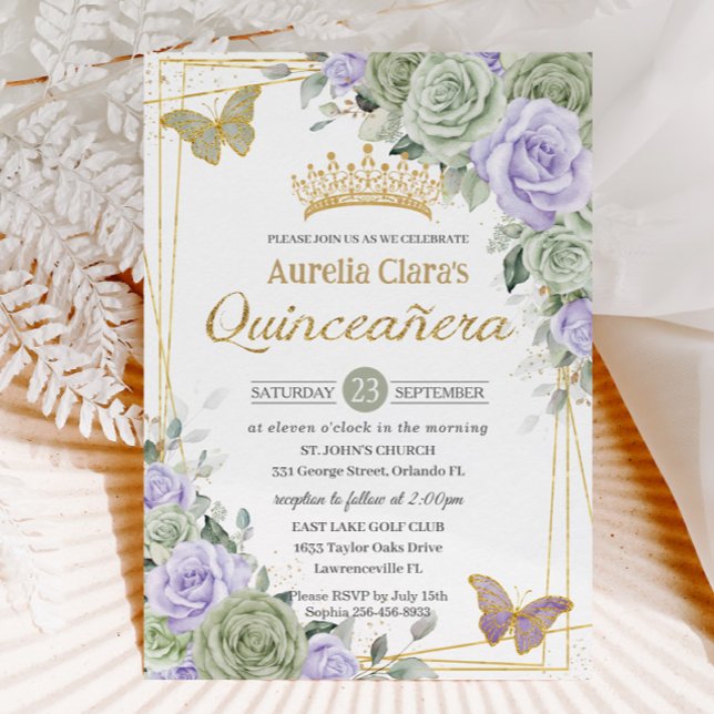 Invitation Sage Purple Papillons Floraux Quinceanera Or (Créateur téléchargé)