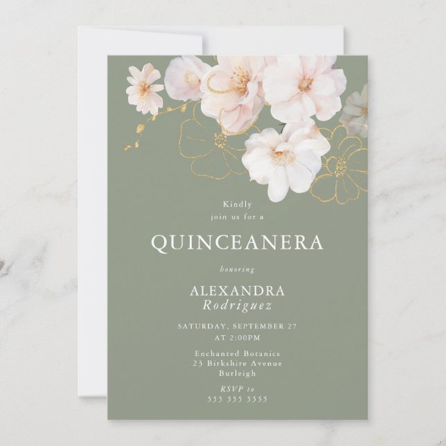 Invitation Sage Quinceanera, Fleur sauvage élégant (Devant)