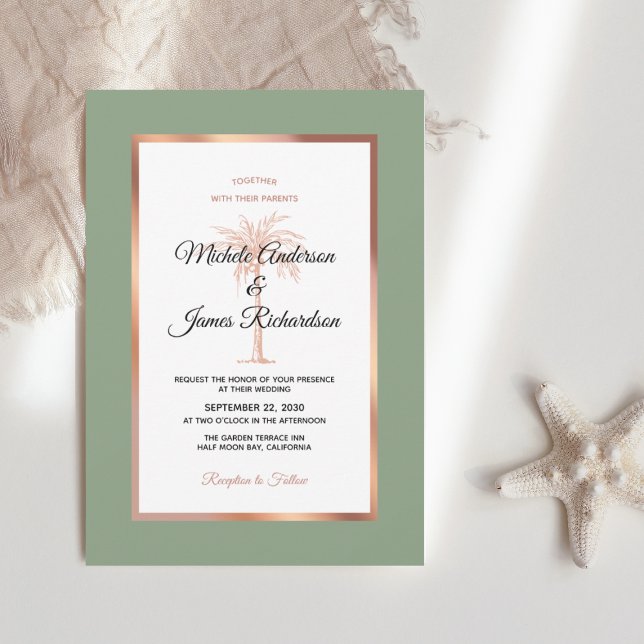 Invitation Sage Rose Gold Copper Palm Tree Beach Mariage (Créateur téléchargé)