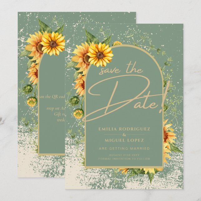Invitation Sage rustique Vert Tournesols Jaunes Mariage Allin (Devant / Derrière)