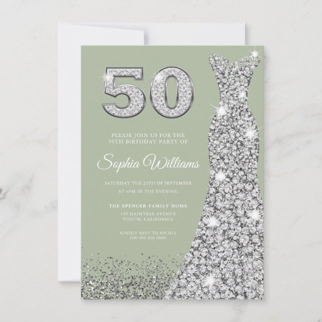 Invitation Sage & Silver Gown 50e fête d'anniversaire (Devant)