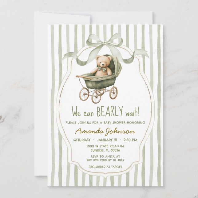 Invitation Sage Stroller Nous Pouvons Bearly Wait Baby shower (Devant)