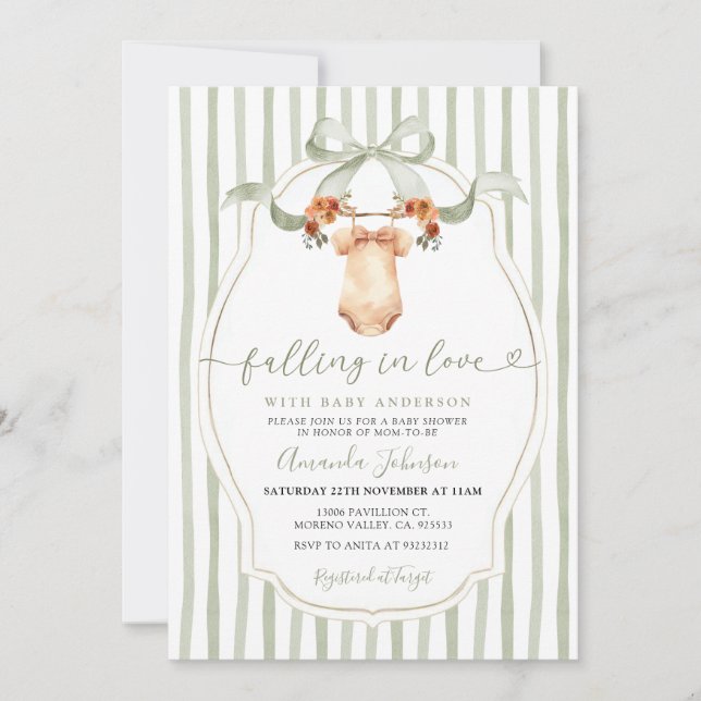 Invitation Sage Tombant Dans L'Amour Baby shower Clothesline (Devant)