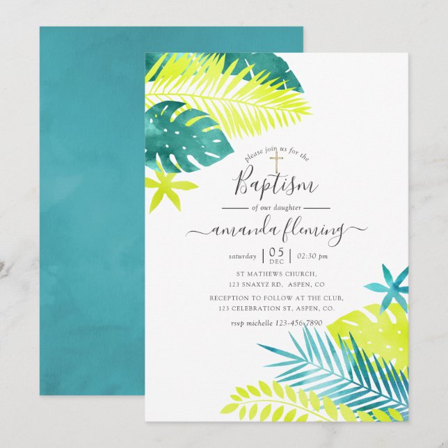 Invitation Sage - Turquoise et citron Baptême tropical (Devant / Derrière)