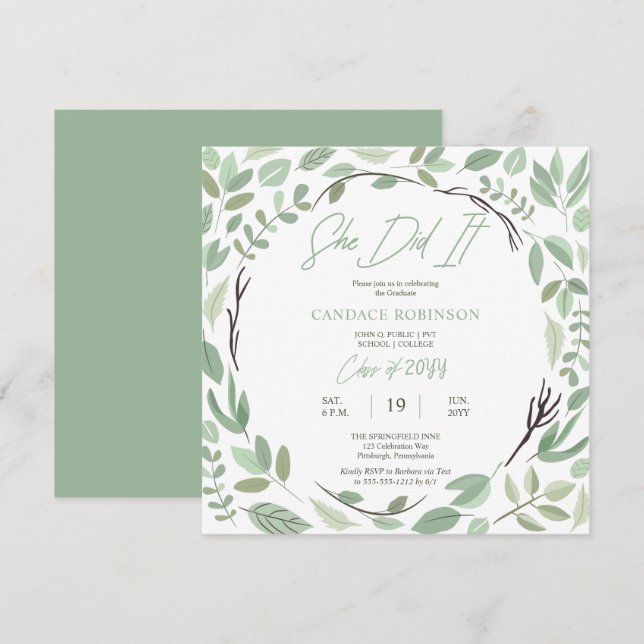 Invitation Sage Vert aquarelle Feuille cadre partie de gradua (Devant / Derrière)