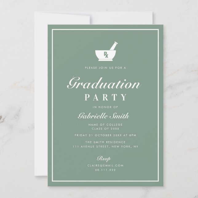 Invitation sage vert blanc cadre pharmacie fête de graduation (Devant)