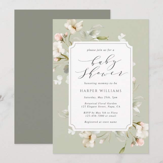 Invitation Sage Vert Blanc Floral Sexe Baby shower neutre (Devant / Derrière)