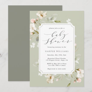 Invitation Sage Vert Blanc Floral Sexe Baby shower neutre