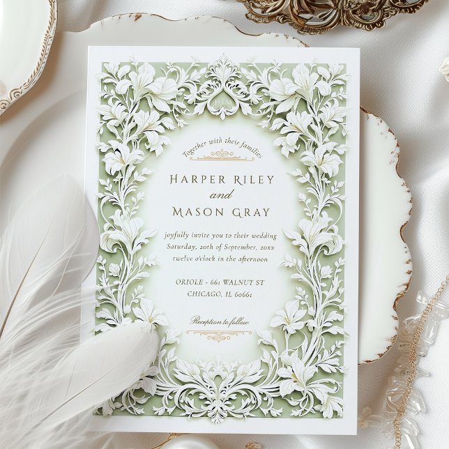 Invitation Sage Vert Blanc Iris Mariage Faux Conception Embos (Créateur téléchargé)