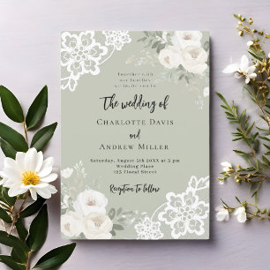 Invitation Sage vert blanc roses verdure mariage