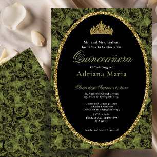 Invitation Sage Vert Élégant Fleurs Dorées Quinceanera