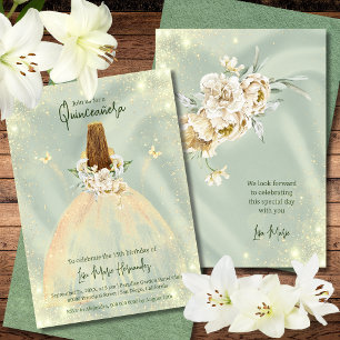 Invitation Sage Vert Et Rose D'Or Élégant Quinceañera