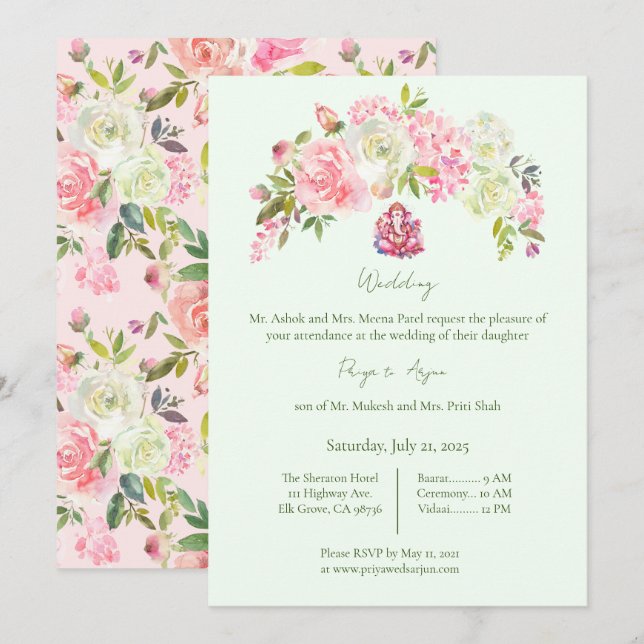 Invitation Sage Vert et rose Floral Mariage Hindu Ganesh (Devant / Derrière)