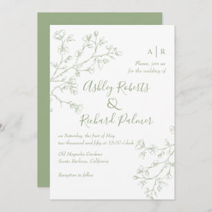 Invitation Sage vert fleurs QR code monochrome mariage