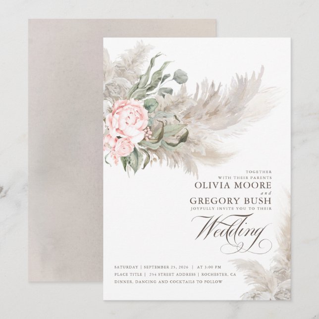 Invitation Sage Vert Fleurs Roses Pampas Mariage Grass (Devant / Derrière)