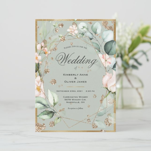 Invitation Sage Vert Floral Elégant Mariage d'aquarelle or (Debout devant)
