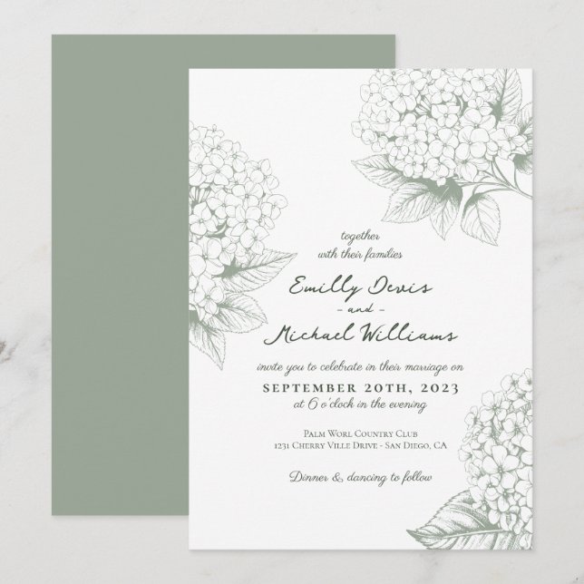 Invitation Sage vert Hydrangea Floral Mariage (Devant / Derrière)