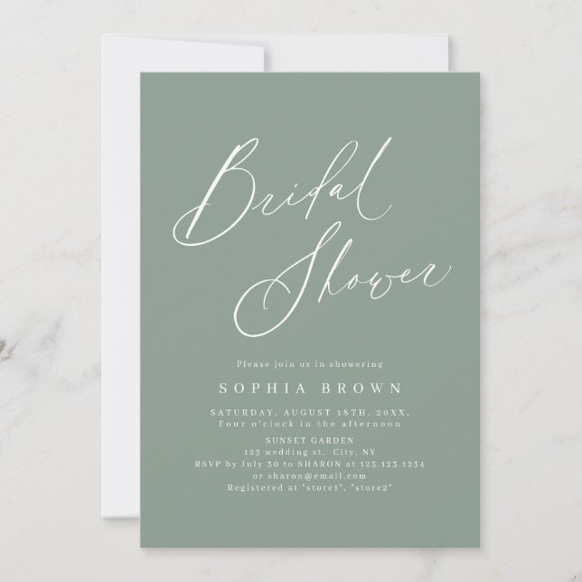 Invitation Sage vert moderne script minimaliste douche de mar (Devant)