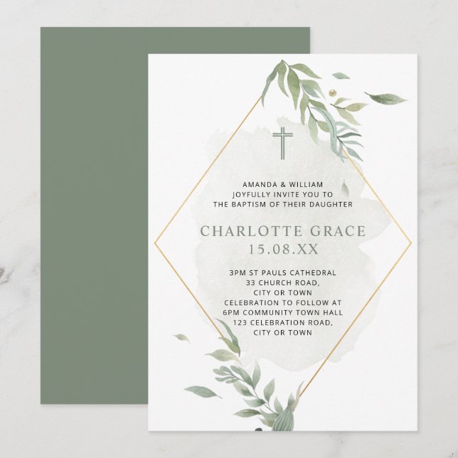 Invitation Sage Vert & Or Aquarelle Baptême de remplissage  (Devant / Derrière)
