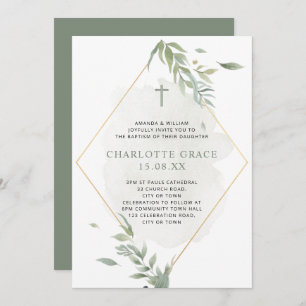 Invitation Sage Vert & Or Aquarelle Baptême de remplissage 