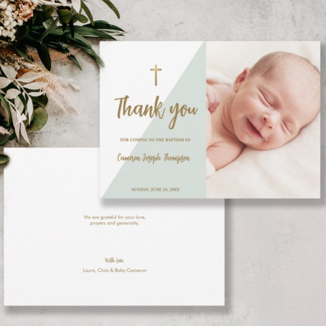 Invitation Sage vert or Custom Modern Baby Baptism (Baby baptism gold cross and green photo thank you card.)