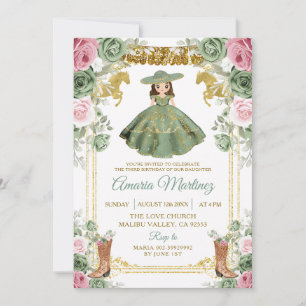 Invitation Sage Vert rose Fleurs mignonnes Fille 3e anniversa
