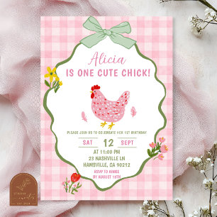 Invitation Sage Vert Rose Gingham Poulet 1er Anniversaire