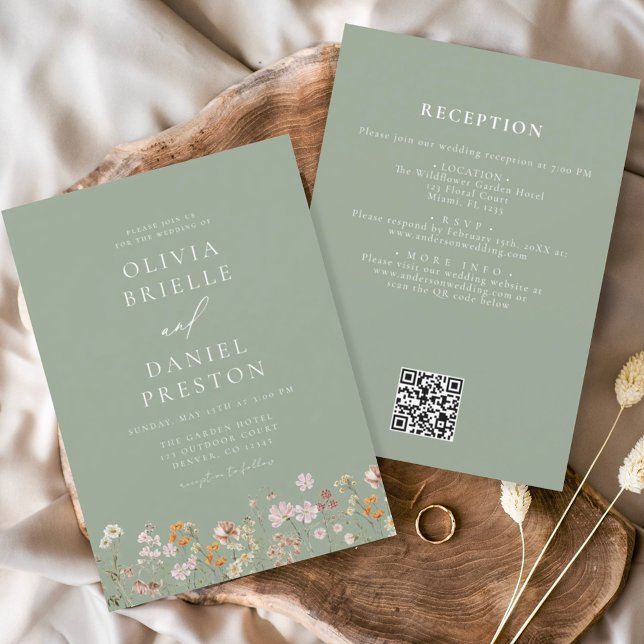 Invitation Sage vert tout en un Fleur sauvage Mariage de code (Créateur téléchargé)