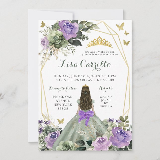 Invitation Sage Vert Violet Lilac Bow Princesse Quinceañera (Devant)