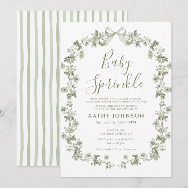 Invitation Sage Vintage Coquette Floral Baby Sprinkl (Devant / Derrière)