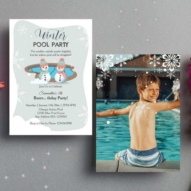 Invitation Sage Winter Pool Photo fête d'anniversaire (Photo Invitation)