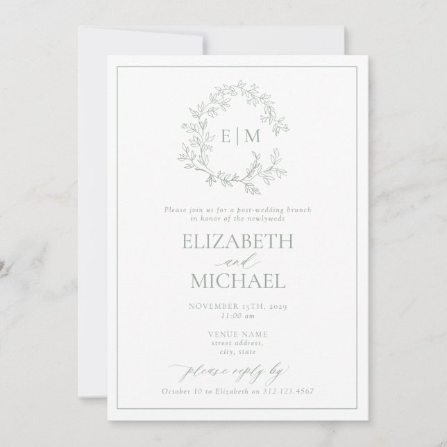Invitation SageGreen Crest Monogramme Post Mariage Brunch (Devant)