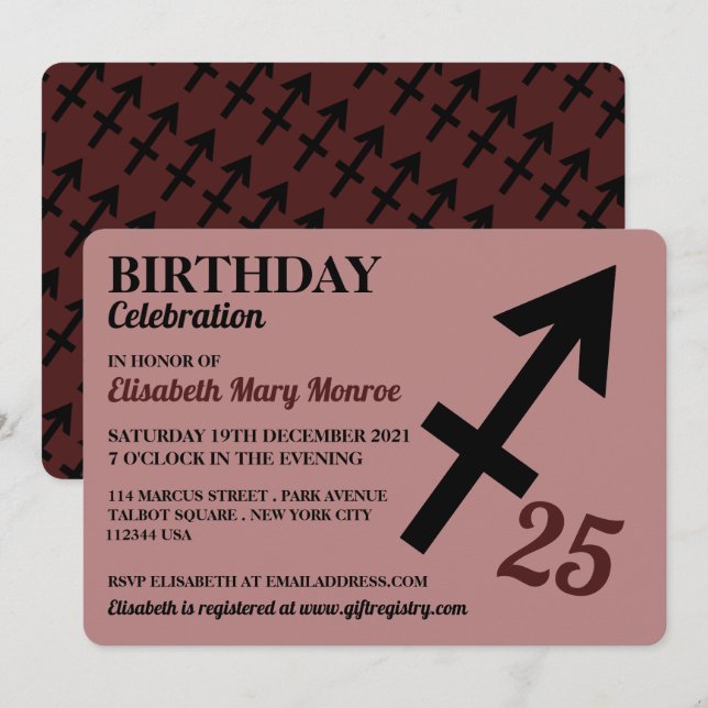 Invitation Sagittarius, L'Archer, Zodiac Star Sign Anniversai (Devant / Derrière)