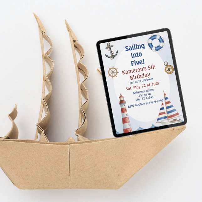 Invitation Sailing into Five, Watercolor 5th Birthday (Créateur téléchargé)