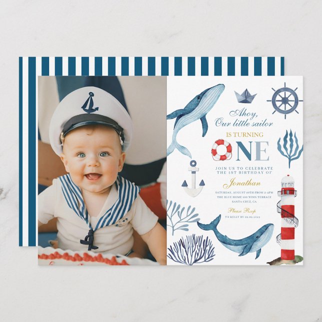 Invitation Sailor Aquarelle Baleine Mer 1er Anniversaire (Créateur téléchargé)
