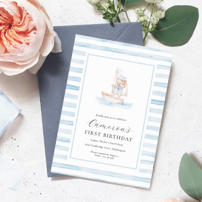 Invitation Sailor Bear Bleu Bande Premier anniversaire (Créateur téléchargé)